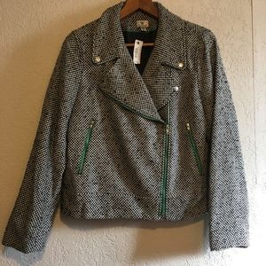 XL Retro Tweed Moto Jacket Coat w Green Trim NWT